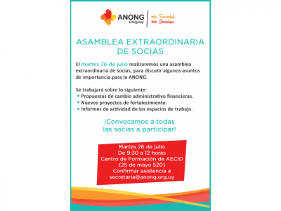 Martes 26 de julio: Asamblea extraordinaria de socias de ANONG
